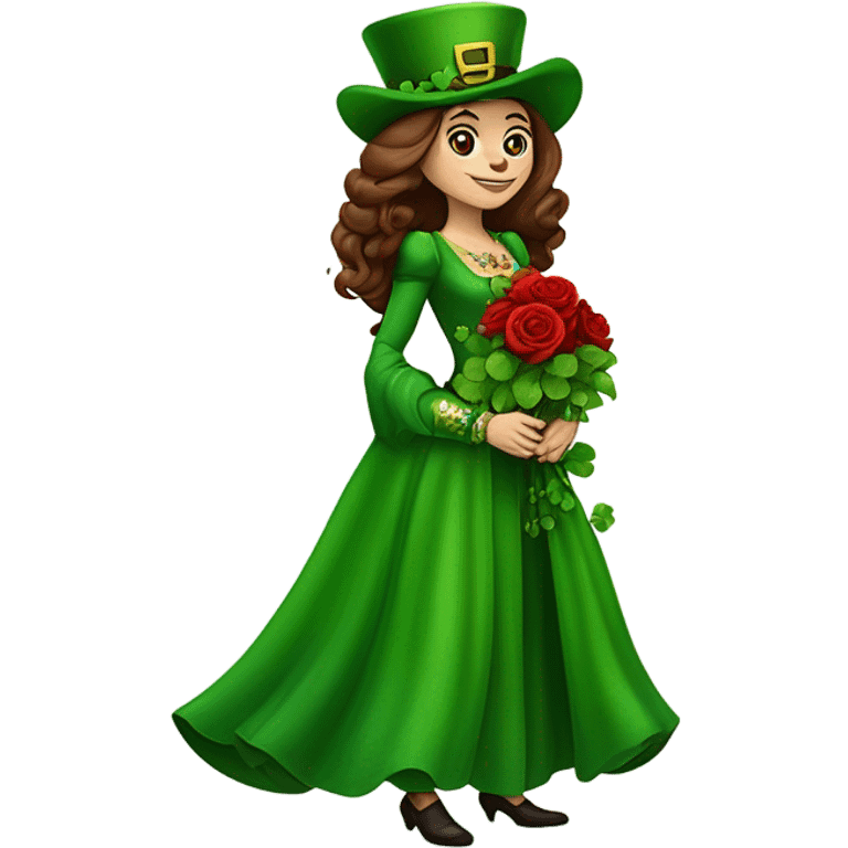 A very short Short leprechaun giving red roses and clovers to a much taller brown haired queen emoji