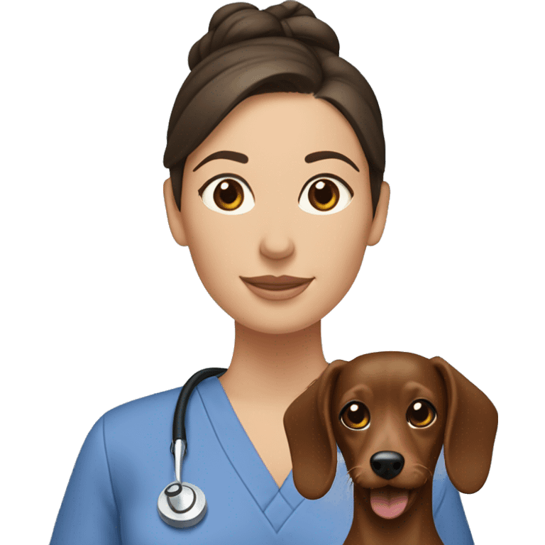 Brunette woman with a top knot wearing scrubs holding a dachshund emoji