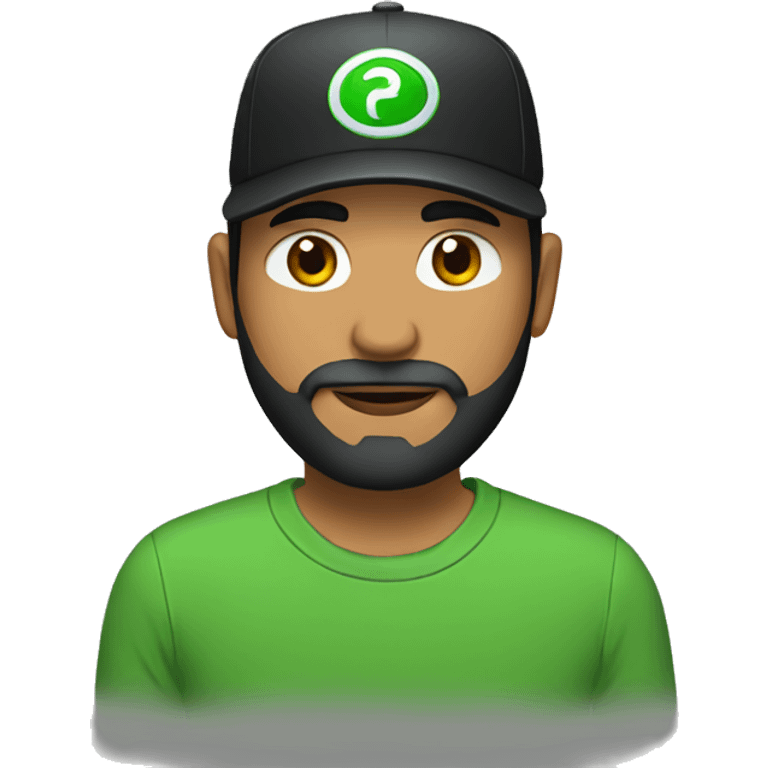 brown man with a dark beard, dark eyes, green t-shirt and a black cap emoji