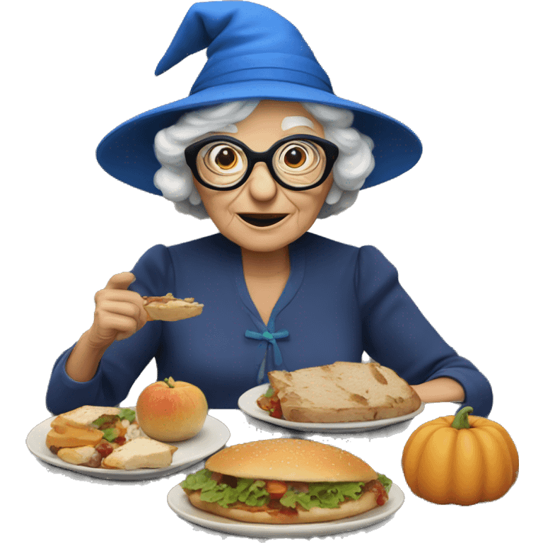 smart granny witch with glasses and blue hat lunching with friends emoji