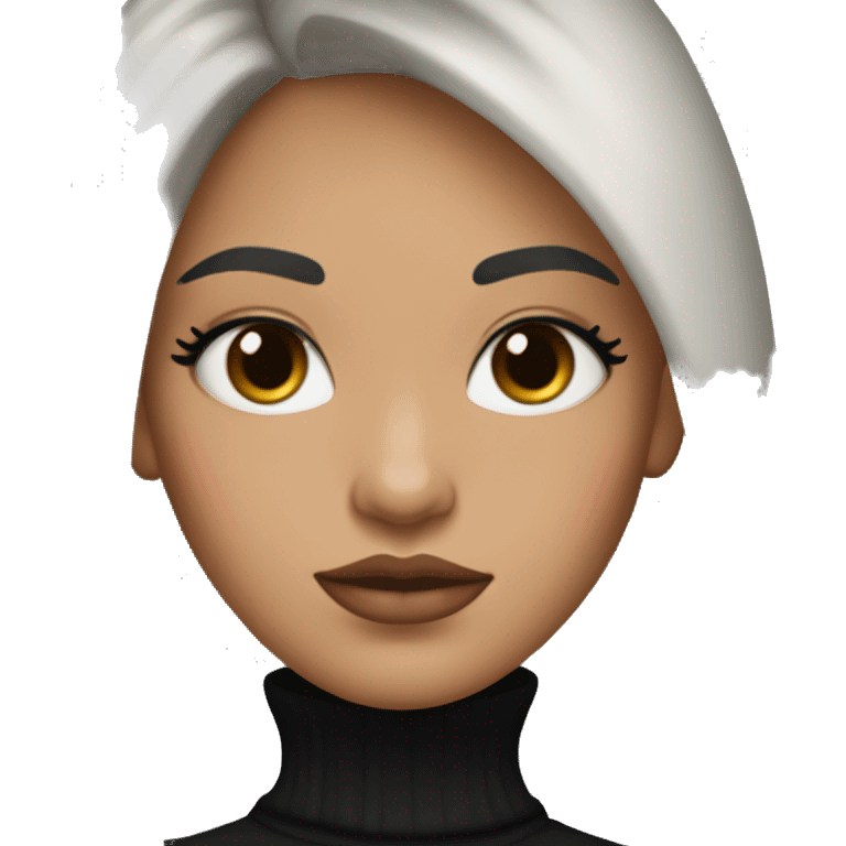 White tan women with strait black hair with long curtain bangs and long eyelashes brown eyes and pink cheeks with pink lips and black brown eyebrows wearing a black turtleneck emoji