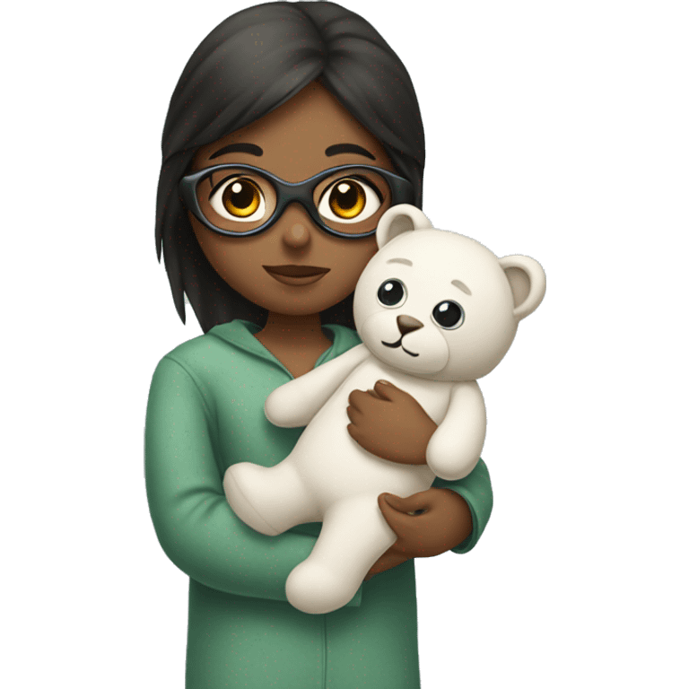 Girl wearing eye mask, and pyjamas and holding stuffed animal emoji