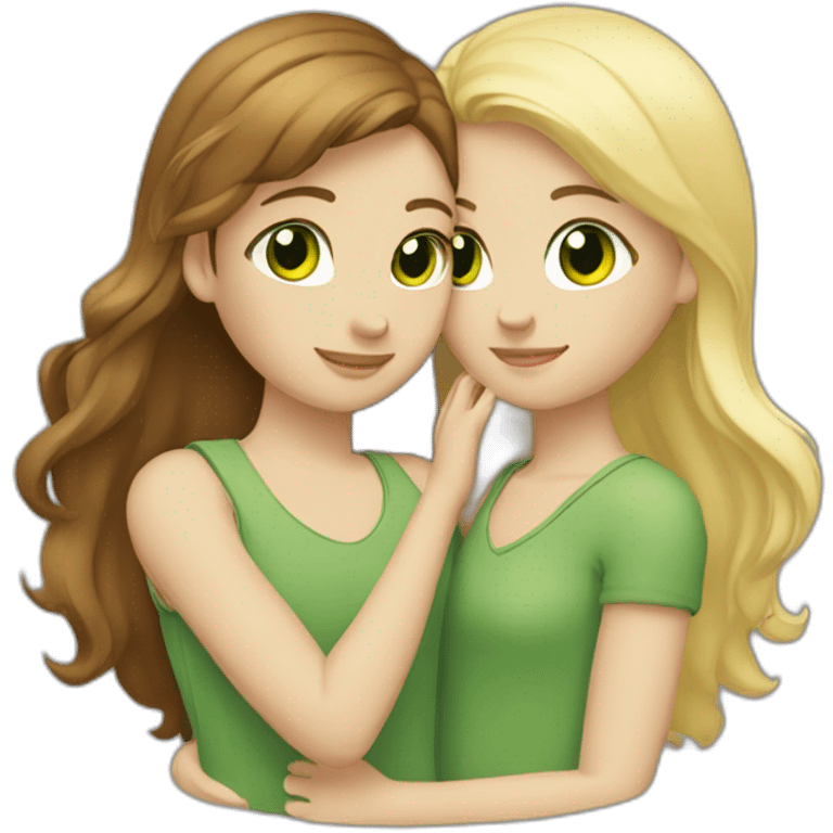 Two girls hugging: one has brown hair and brown eyes, and the other is blonde with green eyes. emoji