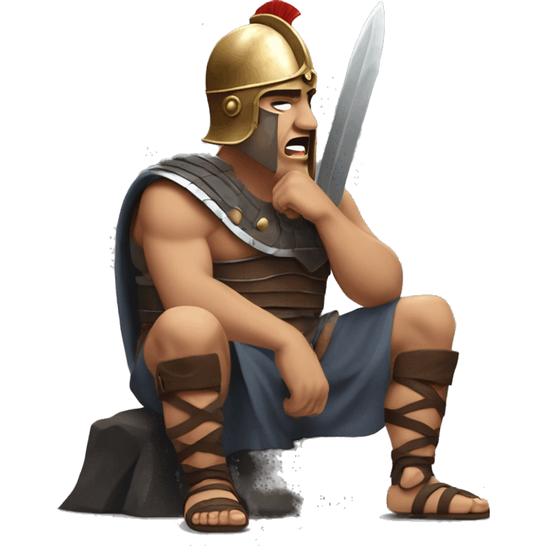 Bored Gladiator: A gladiator with a helmet and sword resting on the ground, yawning and looking disinterested, as if waiting for the next fight and tired of waiting. emoji