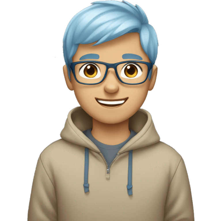 boy wearing a blue hoodie with light brown short hair wearing grey glasses and he has a cute smile, light blue eyes and he's surrounded by heart  emoji