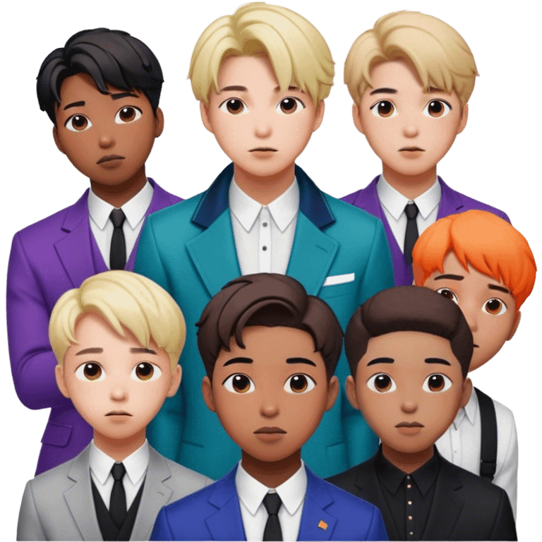 Cinematic Realistic group portrait of BTS featuring all 7 members in stylish modern attire, with detailed facial expressions and vibrant colors, captured in dynamic, contemporary lighting that emphasizes their global pop icon status emoji