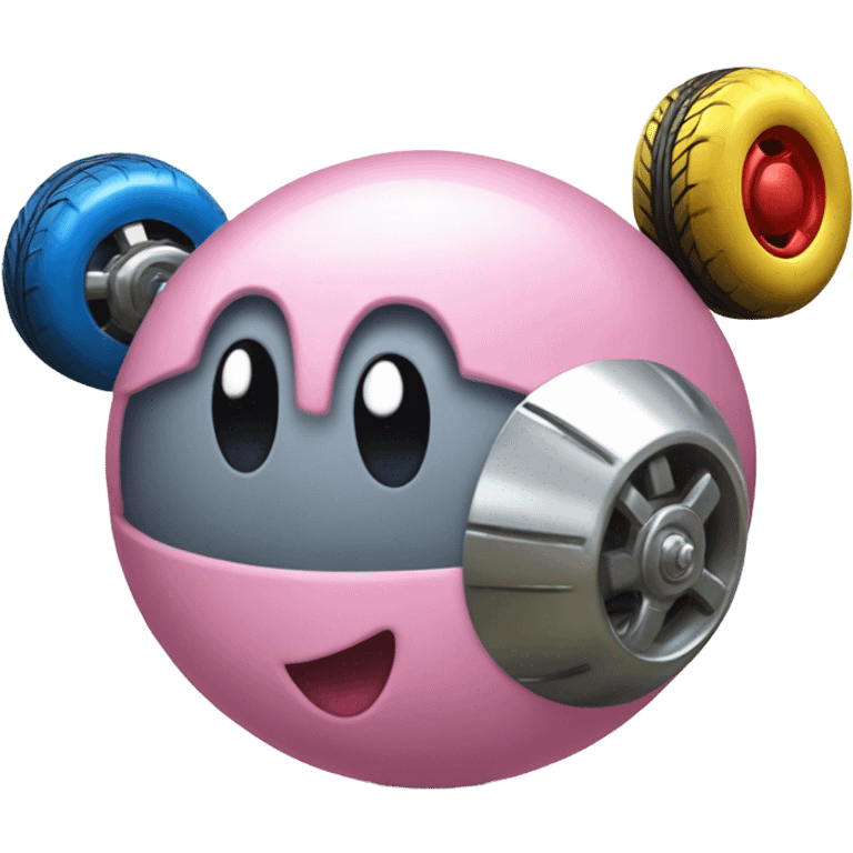 Metal cute Kirby ball driving on 4 car wheels emoji