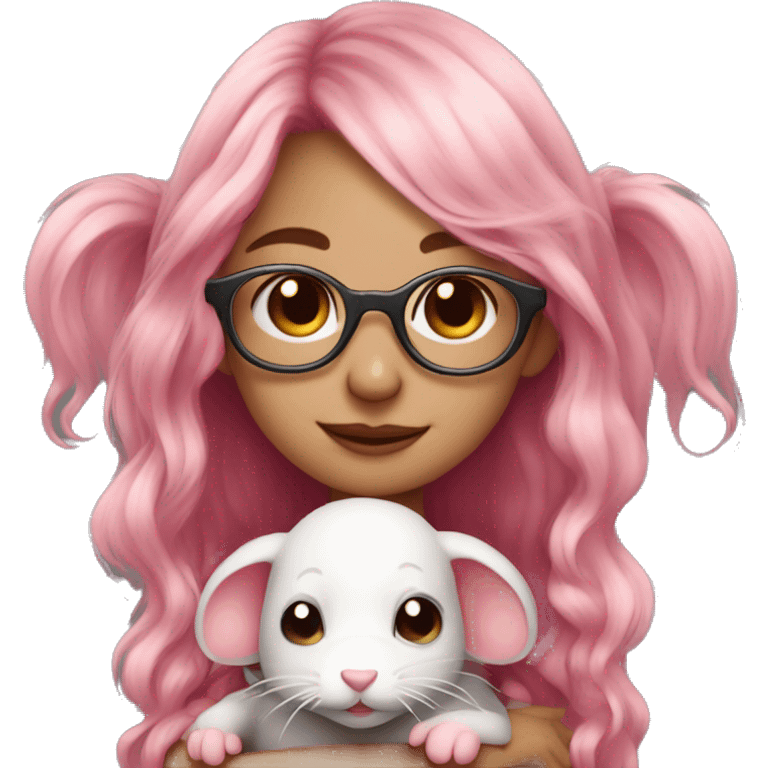 cute girl wearing glasses with long wavy pink hair hugging a rat emoji