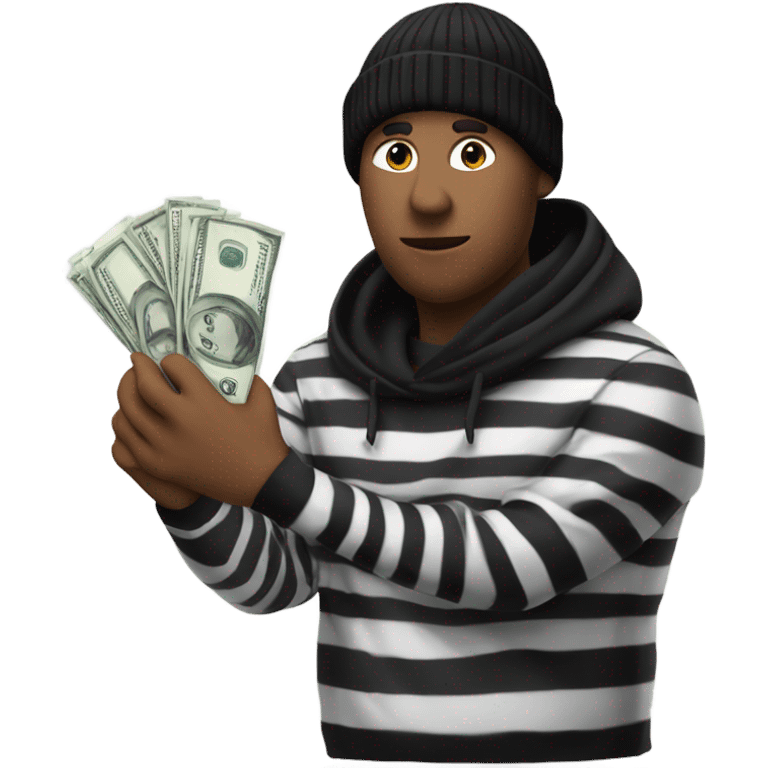 Robber with a striped black and white shirt with a black beanie and a money bag emoji