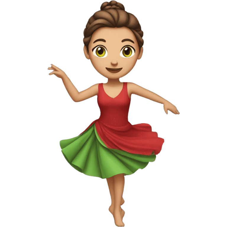 woman dancing emoji iOS red dress light skin, green and brown eyes, brown hair up in a bun in the typical dancing pose emoji