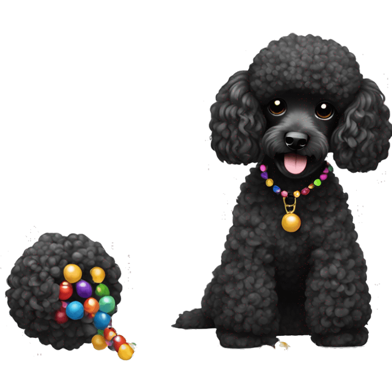 One Small Black Poodle with one  colorful bead necklaces emoji