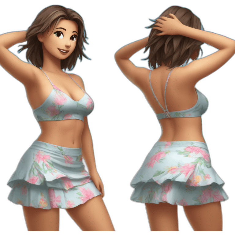 full body back view curvy caucasian-beauty-in small skirt lifted by the wind bikini emoji