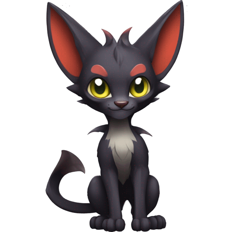 Black cool beautiful vampiric Noivern-Litten-Lykoi-Caracal-Fakemon with big bat ears full-body emoji