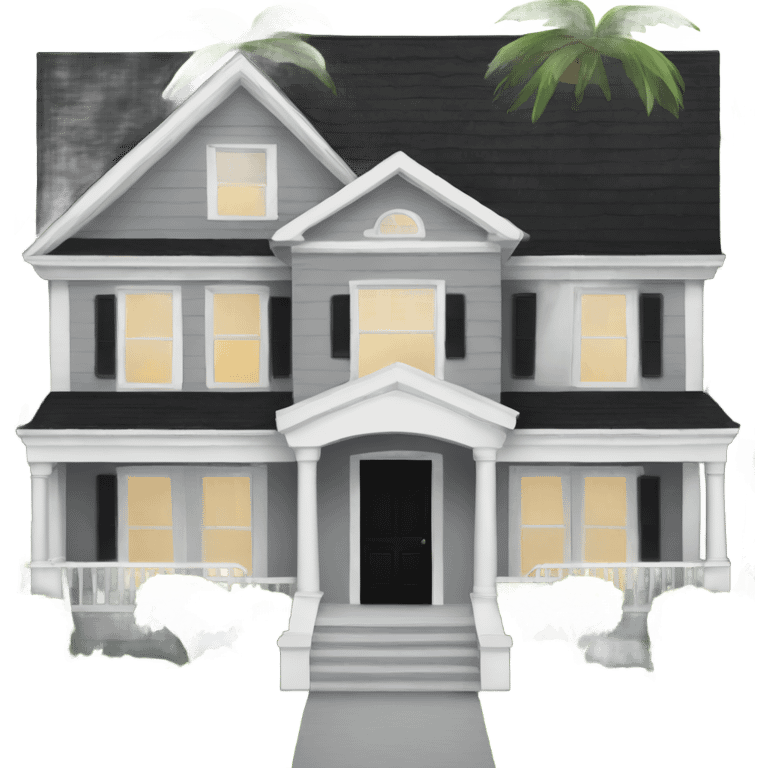 Grey 2 story house white trim black front door and palm trees emoji