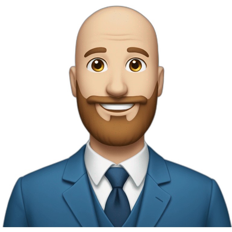 blue-eyed, plump, smiling bald man with a long brown beard in a blue suit emoji