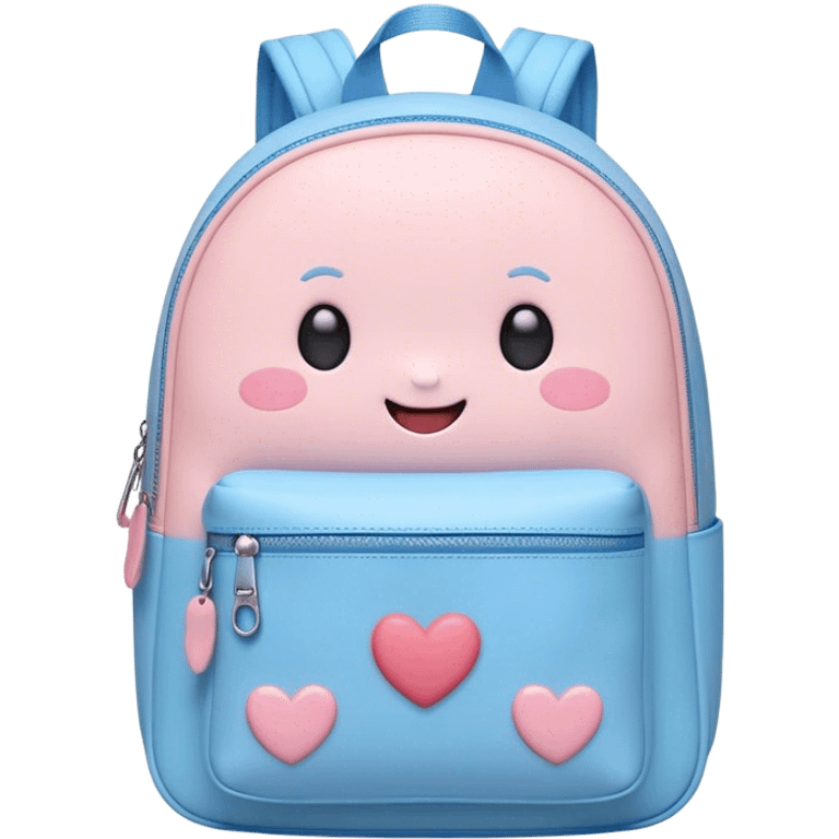 Cute Kawaii Backpack, round and chubby, soft pastel pink and blue, tiny heart-shaped zippers, blushing cheeks, a tiny smiling face, a happy school-time companion! emoji