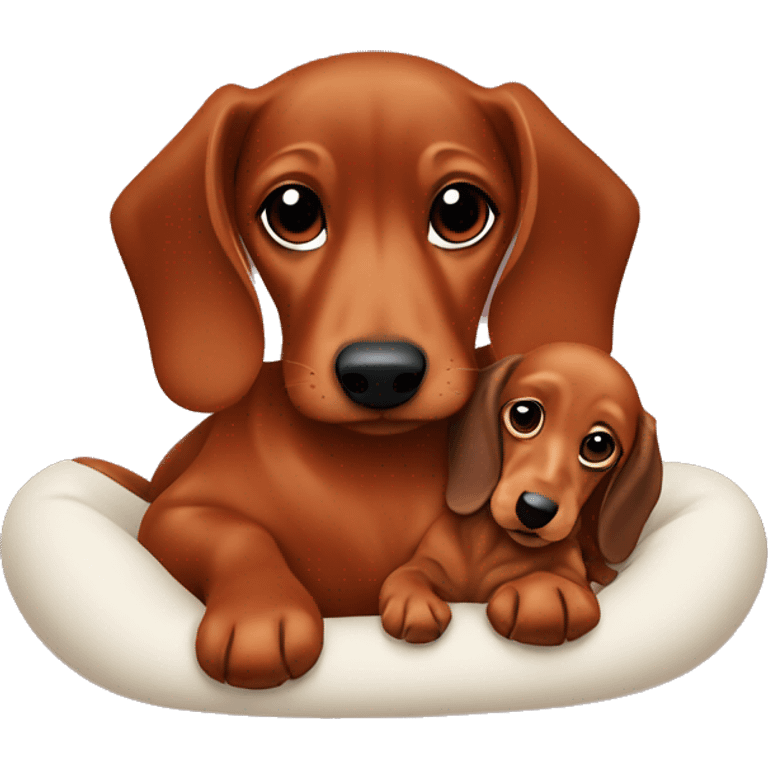 Red dachshund cuddling with baby emoji