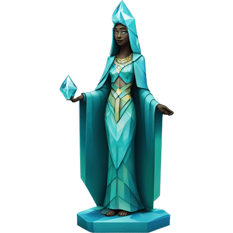 Sculpture oracle priestess with a geometric faceted design with disney features. Oracle of delphi is sparkling and standing upright on a base with angular and flower features. The vibrant blues neutrals and greens highlights the sharp edges and planes.  emoji