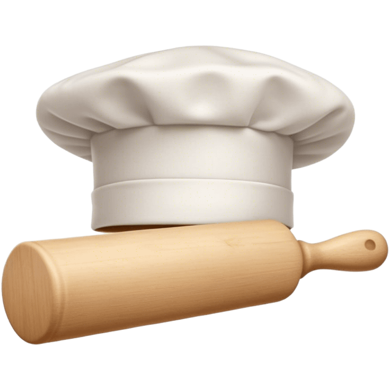 Cinematic Realistic Chef Hat & Rolling Pin, crisp white cotton hat with soft folds, resting beside a classic wooden rolling pin with smooth, polished curves, a light dusting of flour adding authenticity, warm kitchen lighting casting gentle shadows, glowing with a cozy and inviting charm. emoji