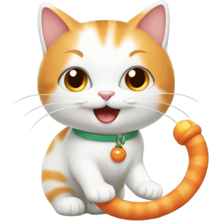 White and orange cat playing with a spring emoji