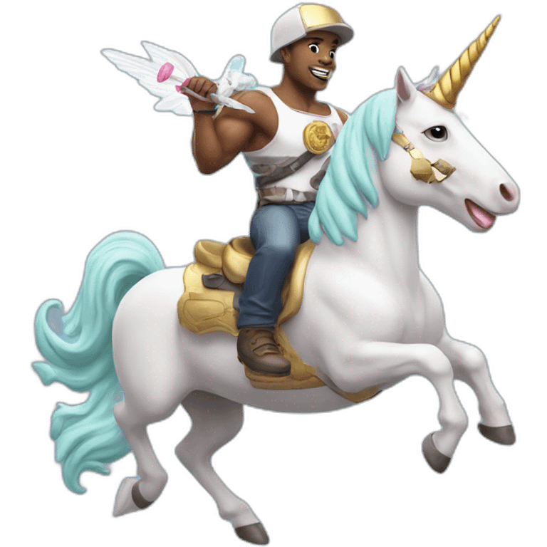 Strong man, machine gun, flying on a unicorn eating ice cream with a unicorn hat on emoji