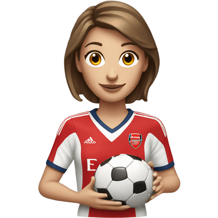 Pretty white woman with short brown hair holding a soccer ball and wearing an Arsenal jersey emoji