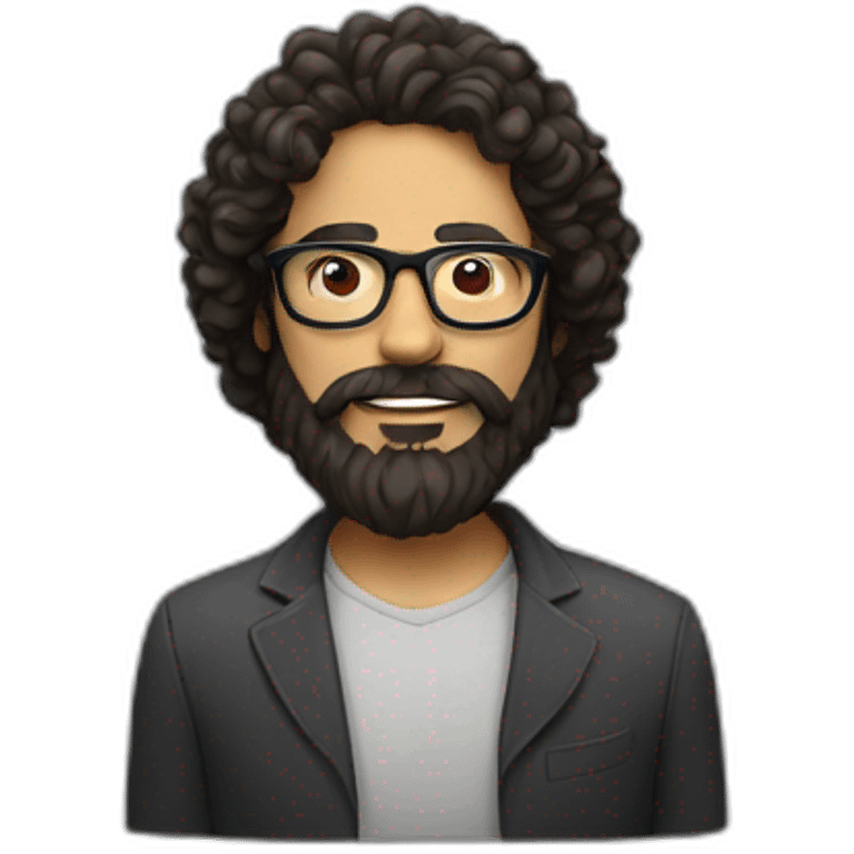 man with a beard and very long dark curly hair, with square, red glasses and beard emoji