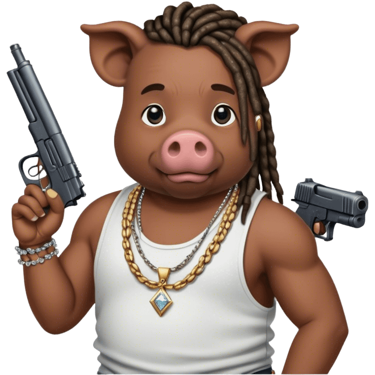 african-american race pig with dreads looking gangster with gun and tank top, with diamond blinging chain emoji