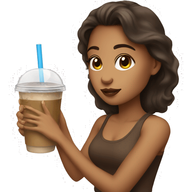 Brunette girl with iced coffee emoji