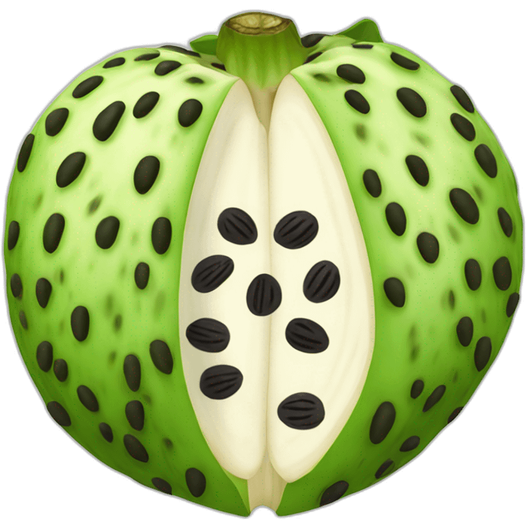 open cherimoya showing the white inside and black seeds emoji