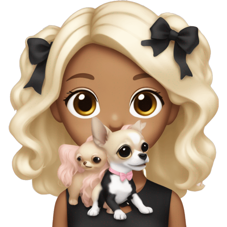 black blonde girl with long platinum black wavy hair with bright brown eyes and wearing a light pink hair bow holding a black and white long haired chihuahua puppy also wearing a hair bow emoji