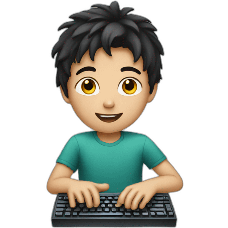 dark haired young boy with a computer emoji