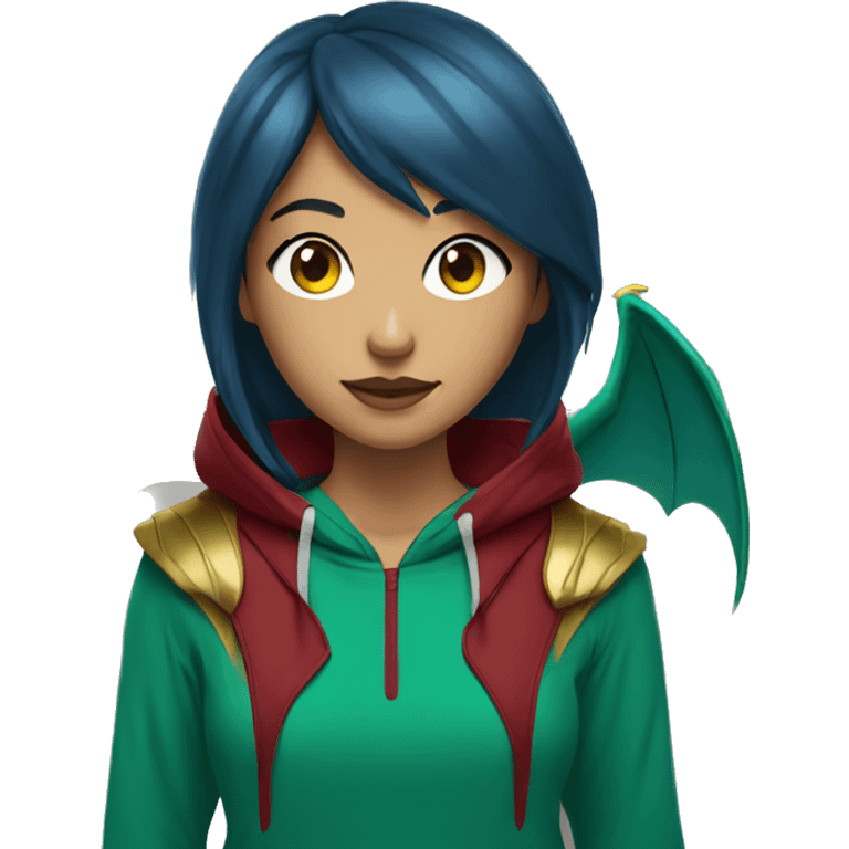 Lady with brunette and blue hair, gold, green dragon wings, maroon hoodie, black and gold Nike t shirt, and bright red eyes emoji