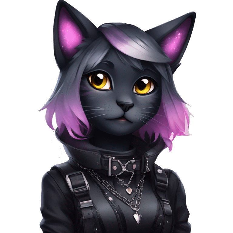 Gorgeous sparkly legendary gradient gothic dark techwear anime style anthro cat with blushing face aesthetic and pretty edgy black with collar and harness trending style emoji