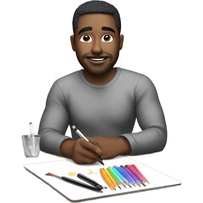 A man, drawing on an iPad with a stylus. , using the iPad placed on a table. with art tools like brushes and pencils around him. 🎨 emoji