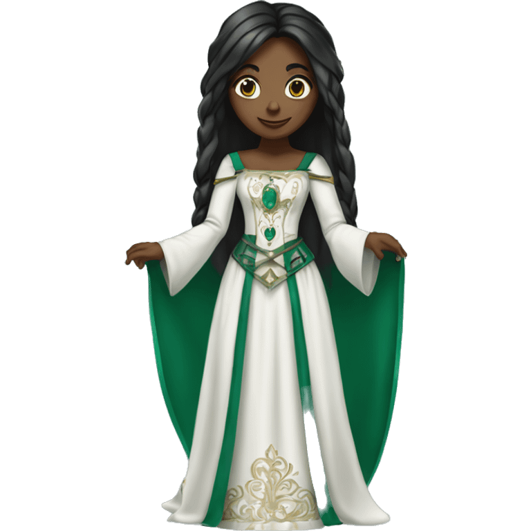 Beautiful black girl with long straight hair wearing a medieval style white gown with an intricate emerald green design  emoji