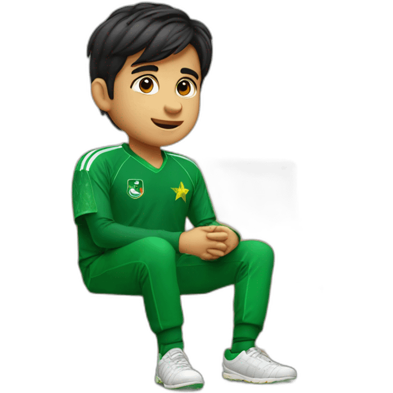 A boy wearing a Pakistan cricket team kit name "prince mk" with number "007" and watching match on TV. emoji