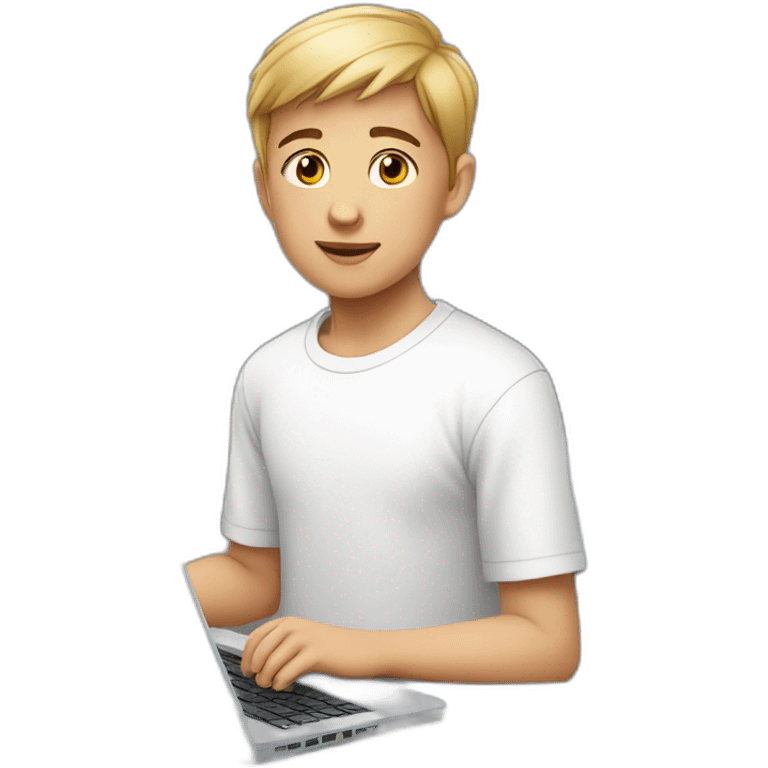 young boy, in a white T-shirt, with short hair, with a laptop emoji