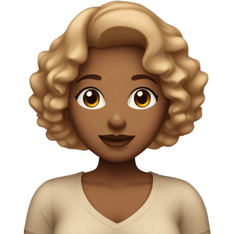 tan skin woman with chubby cheeks and straight slightly wavy hair, two toned lips, not so big eyes and curly eyelashes, wearing a v-neck short sleeves, broad shoulders, has a dark feminine energy emoji