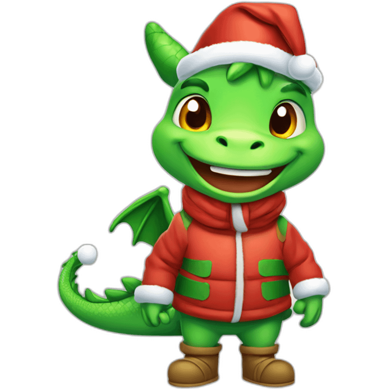 happy little green cartoon dragon of child, in winter, in work pants, in work clothes, in winter boots, in a Santa Claus hat, New Year emoji