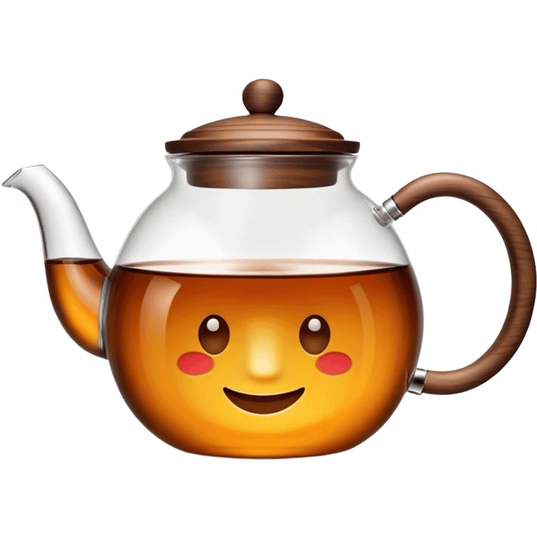 Cinematic realistic emoji depicting a transparent teapot with a realistic wooden lid and glass handle, filled with fragrant tea, rich texture, without unnecessary decoration emoji