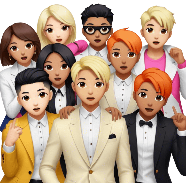 Cinematic Realistic BTS Portrait Emoji, depicted as a dynamic energetic portrayal of the global K-pop group with stylish modern attire and vibrant expressions, rendered with rich textures and bold contemporary lighting that captures their youthful charisma. emoji