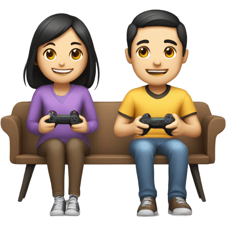 Cute Asian Couple sitting together and having fun playing video games emoji