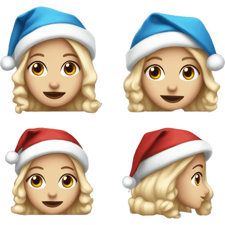 Bold girl, blue eyes wearing a Christmas hat emoji