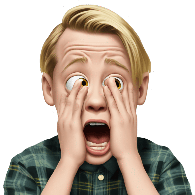 macaulay culkin from Home Alone, putting both hands on his face and screaming of fear. bring the hands down lik he is putting on his cheeks. emoji