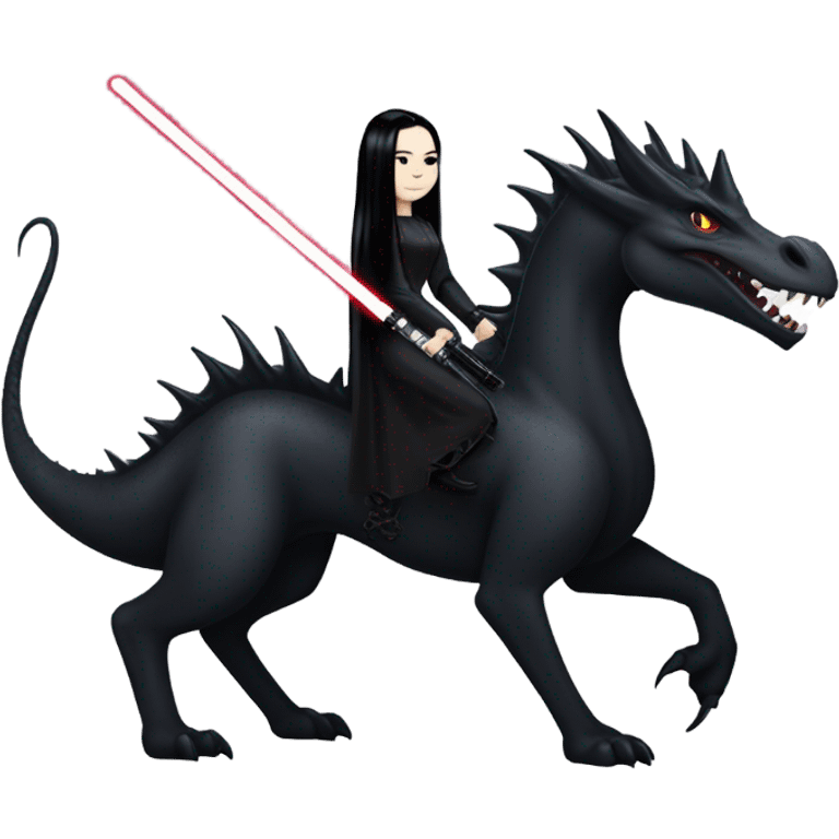  beautiful armored teen Morticia Addams Jedi riding on the back of a very large black shiny dragon emoji