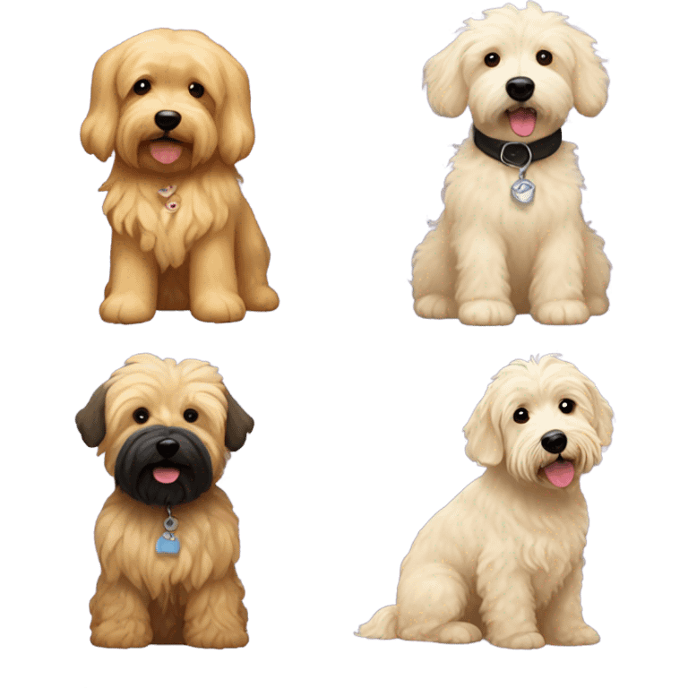 Golden golden doodle with wavy coat and white Bichon Frise and black Cairin Terrier emoji