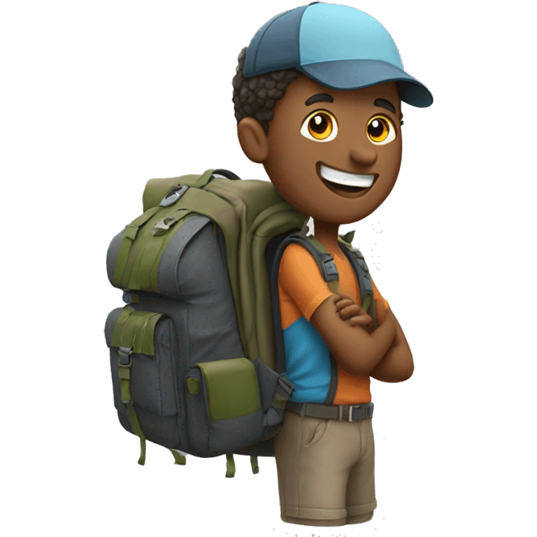 happy guy with backpack holding camer emoji