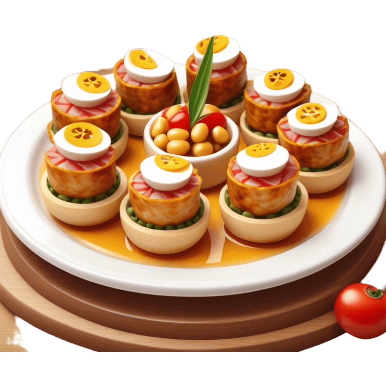 Tapas (4 Pintxos) Cinematic Realistic Tapas Dish Emoji, depicted as an assortment of 4 pintxos elegantly arranged on a plate, rendered with lifelike textures and vibrant, inviting lighting. emoji