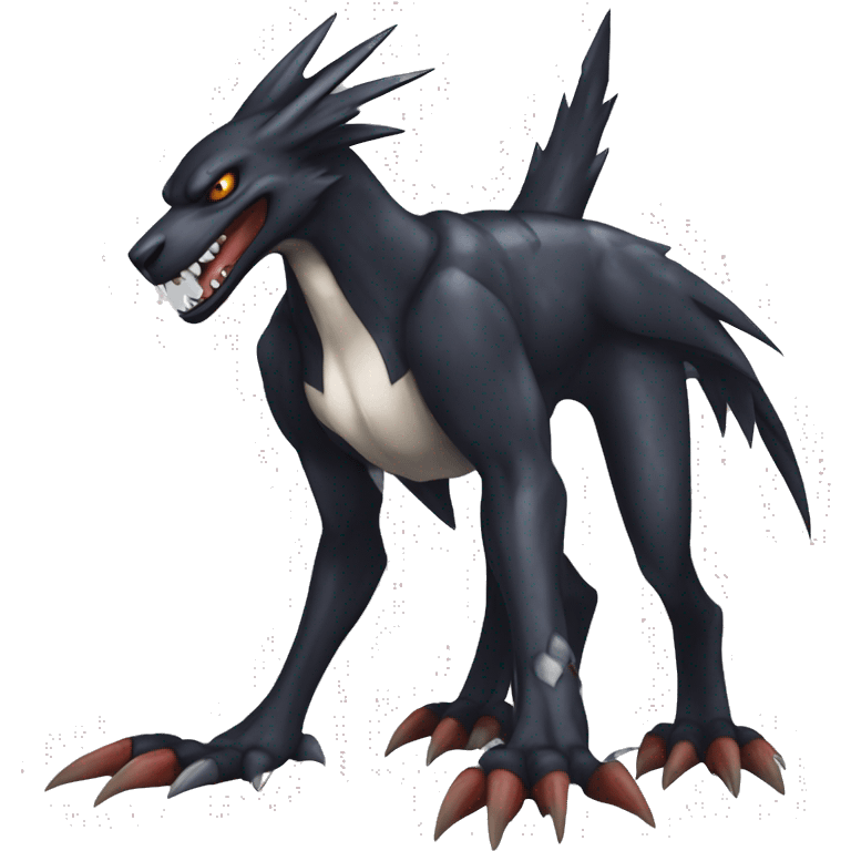 Black, Cool, Edgy, Nargacuga-Garchomp-Houndoom-Sergal Fakémon-Digimon with sharp markings,  full body emoji